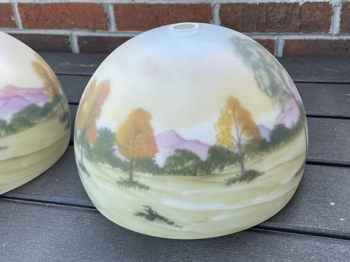 PAIR 2 Vtg Reverse Painted Glass Lamp Shade 13/16" Hole Mountain Landscape Trees - Picture 18 of 24
