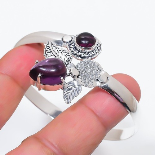 Purple Amethyst Gemstone Handmade 925 Sterling Silver Cuff Bracelet Adjustable - 第 1/1 張圖片