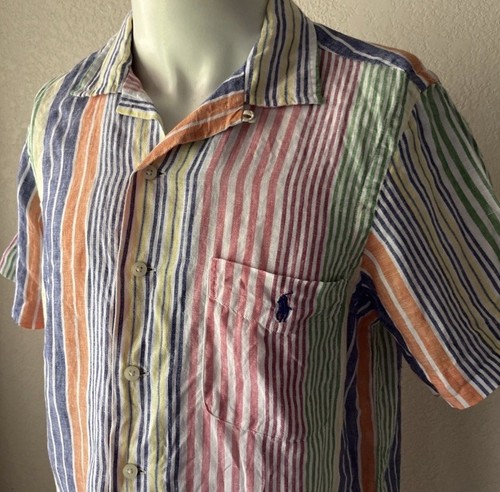 Polo Ralph Lauren Camp Shirt Men Small Rainbow Striped Linen Colorblock Loop - Bild 6 von 22
