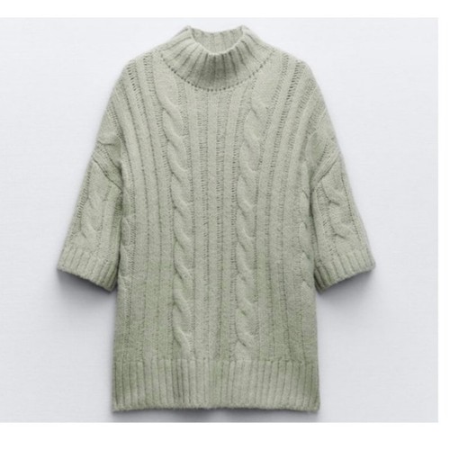 Zara Oversized Cable Knit Half Sleeve Sage Mock Neck Sweater Women's Large - Picture 3 of 11