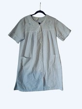 Miss Elaine Seersucker Gingham Blue Check Snap Up Mid Length Short Sleeve Robe S