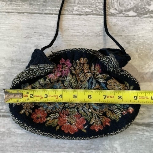 Vintage Black Velvet Small Purse Needlepoint Dark Floral Cottagecore New York - Picture 4 of 6