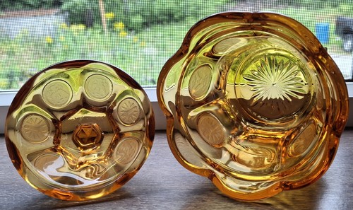 Fostoria MCM Amber Torch 1887 Eagle Liberty Coin Covered Candy Dish 6 1/4" T - Picture 5 of 15