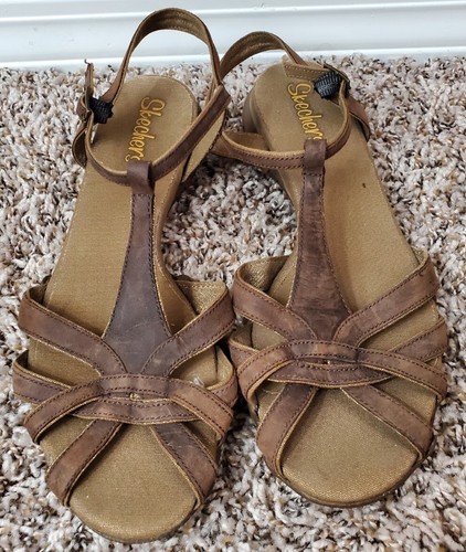 Skechers Strappy Brown Leather Slingback Sandals Sz 8 - Picture 3 of 8