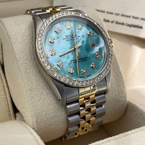 ROLEX DATEJUST 36mm TURQUOISE MOTHER OF PEARL JUBILEE DIAMOND BEZEL ref: 16013 - Picture 1 of 11