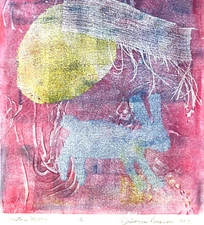 Joyce Brown Art Easter Egg Moon Bunny Rabbit Spring 80s Pastel Pink Yellow Blue