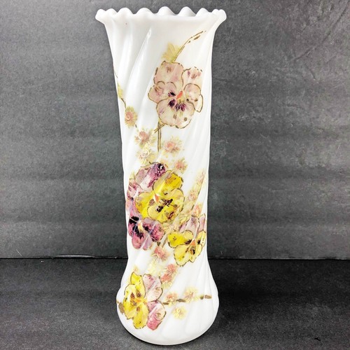 Antique Victorian Hand Painted Pansies Milk White Glass Twist Vase Purple Yellow - Imagen 1 de 11