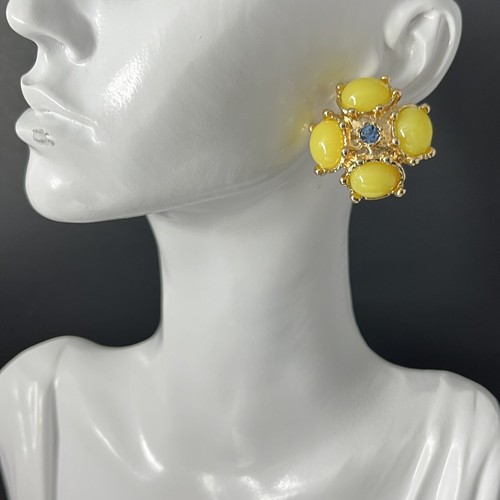Byzantine Gold Tone Cabochon Pierced Earrings Yellow Custard Gripoix Style Mogul - Foto 3 di 6