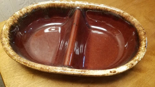 Vintage Hull Pottery Co. Brown Drip divided 11" Serving Bowl Dish