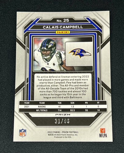2022 PRIZM BLUE SPARKLE PRIZM SP /96CALAIS CAMPBELL RAVENS - Picture 2 of 2