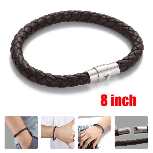 Brazalete para hombre de cadena cubana de acero inoxidable plateado de cuero trenzado negro/marrón - Imagen 11 de 16