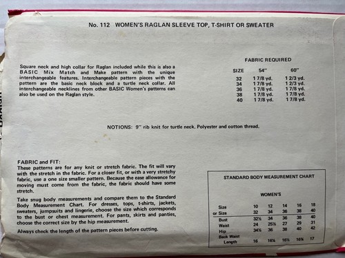 Pattern Basic Knits 112, women’s raglan sleeve top, t-shirt or sweater sz 10-18 - Picture 2 of 2