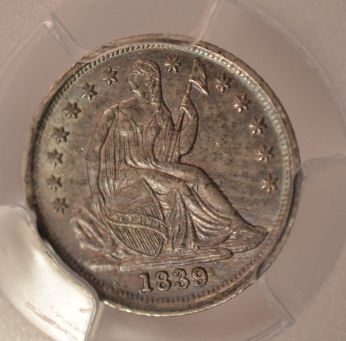 1839 Seated half dime, No Drapery, PCGS AU58, original toning - Picture 2 of 3