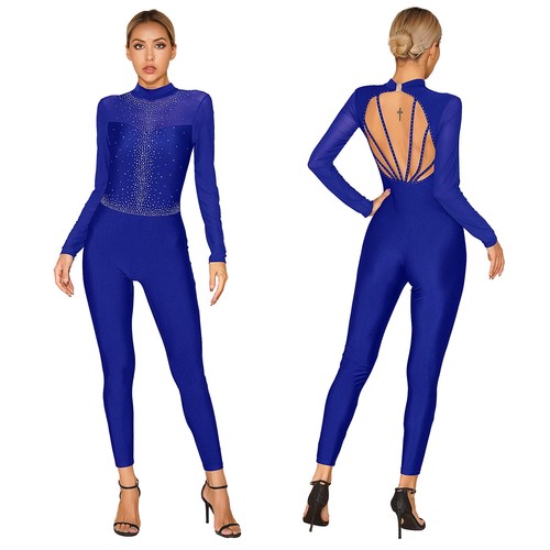 Women Gymnastics Shiny Rhinestone Leotard Unitard Figure Ice Skating Jumpsuit - Picture 82 of 92
