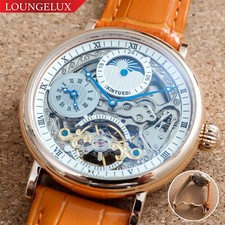 Reloj Mecánico Automático Hombre Oro Rosa Doble Hora Esqueleto Cuero Naranja