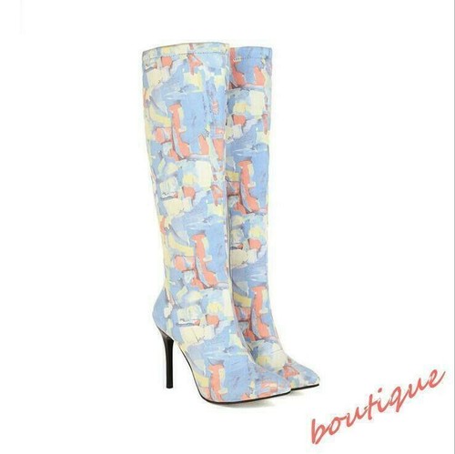 Women Zipper Knee High Boots Pointed Toe Multi-color Printed Pump Party Shoes Sz - Picture 8 of 10