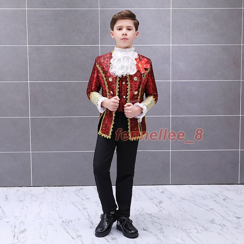 Boys Kids Children Medieval Prince Stage Costume Court Suit Sets Coat Vest Pant - Picture 6 of 22