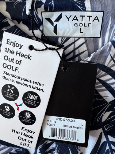 YATTA GOLF Polo Shirt (Men LARGE) INDIGO TROPICS Blue Floral Palm Leaves New Tag - Picture 2 of 3