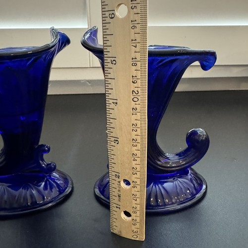 Vintage Pair of Fenton Cobalt Blue Glass Cornucopia Candle Holders Candlestick - Picture 5 of 12