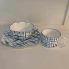 Bonjour ANTHROPOLOGIE HILDE Plaid Scallop bowl Plate & Mug Blue White Green