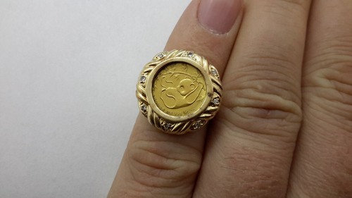 VTG 1985 24K .999 Fine 1/20 Gold Panda 5 Yuan Coin 14K Yellow Gold Diamonds Ring - Picture 1 of 9