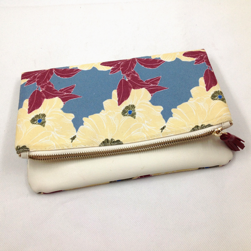 Rachel Pally Zip Top Fold Over Floral Catch All White Leather Canvas Vintage - Picture 2 of 9