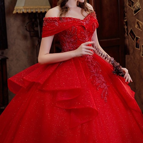 Portrait/Off Shoulder Ball Gown Red Bridal Gown Bride Wedding Dress Customize - Picture 2 of 6