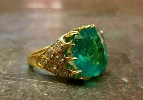 Vintage 14K Yellow Gold Plated Cushion Cut Emerald Men's Engagement Ring 4.00Ct