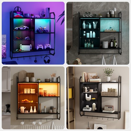 Wall Mounted Storage Shelves RGB Lighted Display Cabinet Remote Control 6 Hooks - Picture 10 of 11