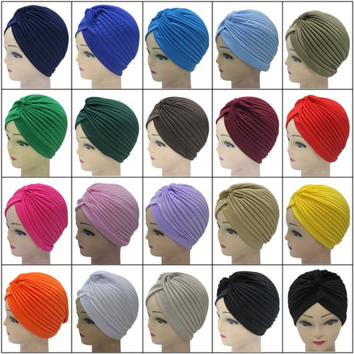 Women Men Stretchy Turban Head Wrap Band Solid Color Bandana Pleated Indian Ca ❥