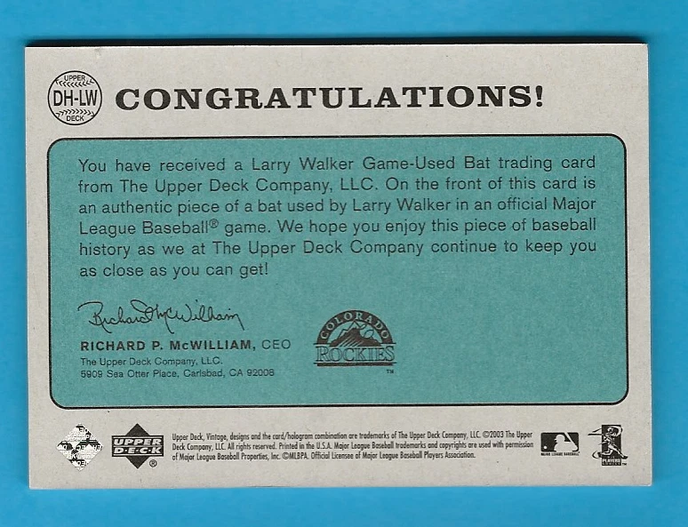 2003 UpperDeck Vintage Dropping the Hammer Bat Relic #LW Larry Walker Rockies - Image 2 of 2