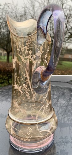 Grand pichet verre soufflé émaillé irisé décor fleurs sauvages Legras?Gallé? - Imagen 3 de 9