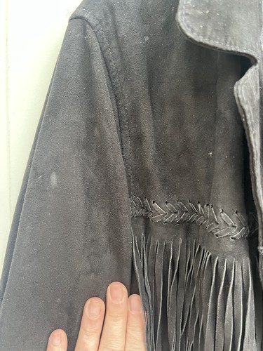 TOPSHOP KATE MOSS SOFTEST SUEDE LEATHER FRINGE JACKET PLAITED WESTERN BLACK SZ4 - Picture 5 of 7