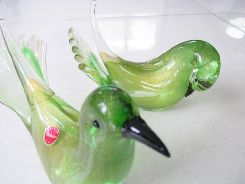 Vintage Mint Murano Italian Art Glass Dove Birds Green With Infused Gold Dust - Picture 2 of 8