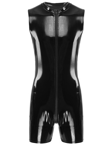 Herren Lackleder Sexy Einteiler Body Kurz Overalls Ärmellos Wetlook Unterwäsche - 第 14/41 張圖片