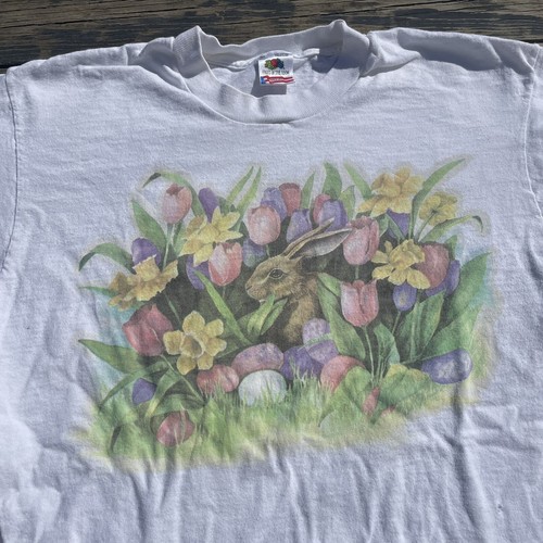 Vintage 90s Easter Bunny T shirt Large Eggs Flowers Single Stitch Tee Medium - Picture 4 of 9