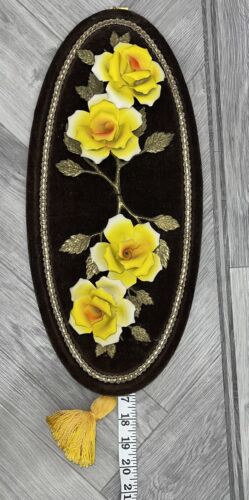 Vtg Mcm Capodimonte Porcelain Yellow Flowers Roses Brass Brown Velvet Wall Art - Picture 2 of 23