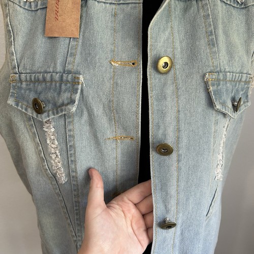Grace And Emma Ripped Jean Vest With White Lace Women’s Size M/L - Picture 4 of 13