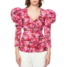 NWT Isabel Marant Mirnao Floral Print Puff Sleeve Silk-Blend Top Pink Size 8