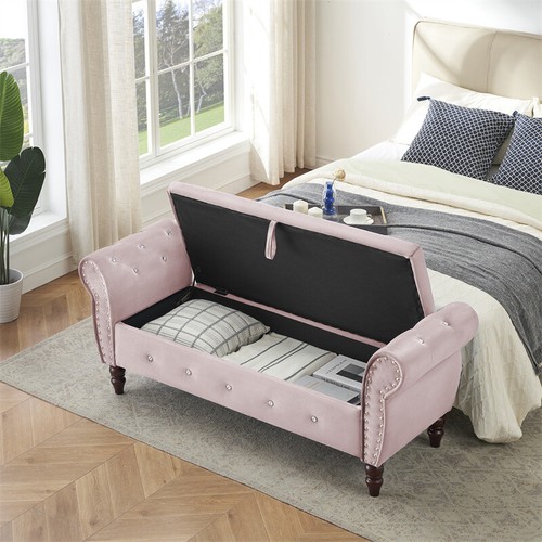 63.38"Velvet Storage Bench Bedroom Bench w/Wood Legs & Pillow for Living Bedroom - Picture 7 of 8