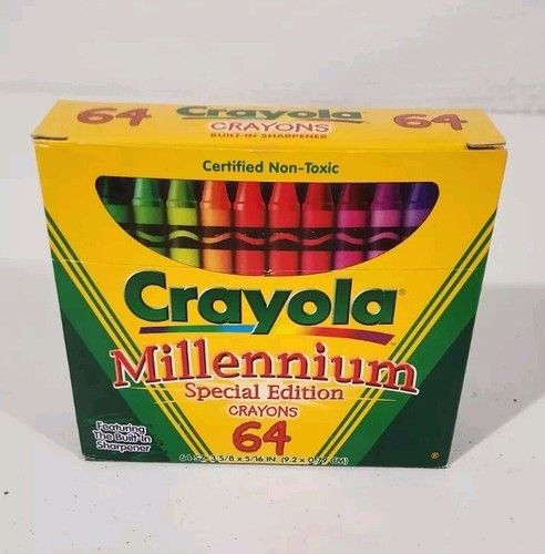 Vintage 1999 Crayola Box 64 Buntstifte Millennium Special Edition mit Anspitzer Open Box - Bild 1 von 8