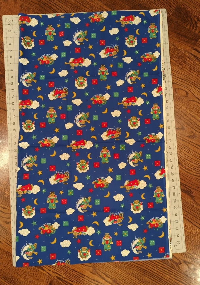 Vtg Angel Teddy Bear Fabric Christmas Traditions Blue Clouds 1 YARD Noel Patches - Image 3 of 4
