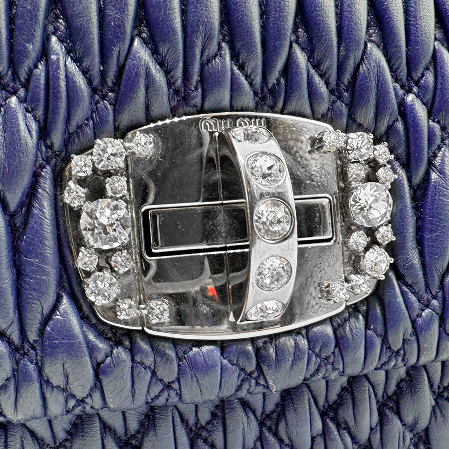 Auth MIUMIU Matelasse Bijou Shoulder Bag Navy Blue/Silver