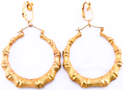 10K Gold Large 1.65" Bamboo Hoop Earrings w/14K Gold Detachable Clips 7 Grams - Picture 3 of 14