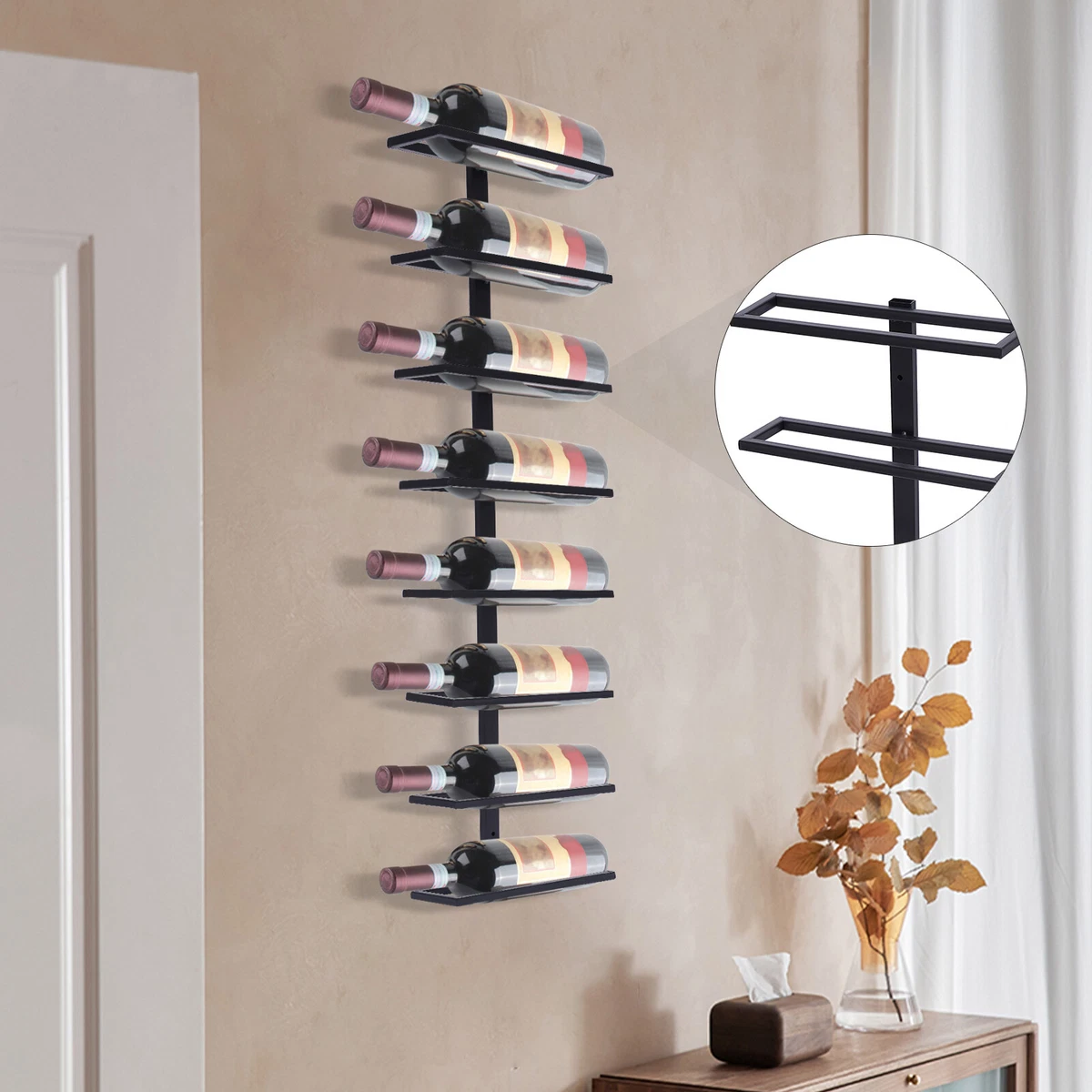 8 Layers Black Wine Rack Bottle Wall Mounted Stylish Modern Wine Storage