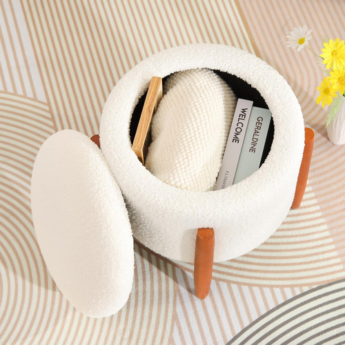 Round Ottoman with Storage, Sherpa Foot Rest for Couch, Small Foot Stool with Wo - Picture 3 of 7