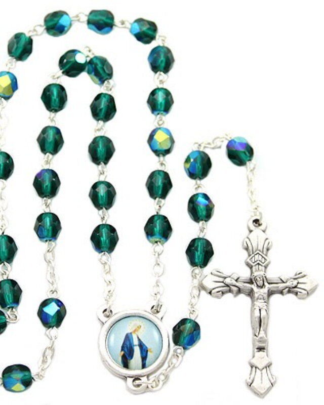 NEW MADE IN ITALY EMERALD GREEN AURORA CRYSTAL BEAD LADY OF GRACE ROSARY