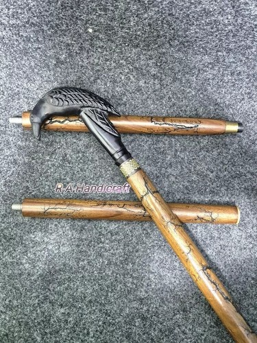 Huginn and Muninn Raven Head Premium Elongated Wooden Walking Stick Cane Gift - Picture 5 of 8