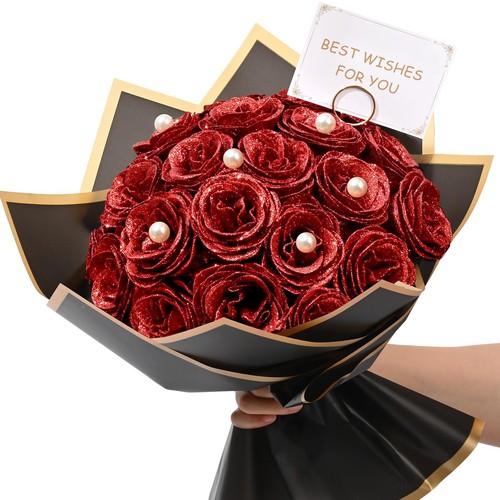 Red Glitter Roses Bouquet DIY Fake Flowers Bouquet Everlasting Shiny Artifici... - Picture 1 of 7