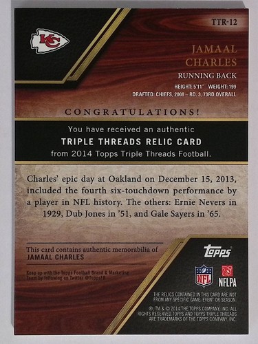 Jamaal Charles 2014 Topps Triple Threads Relic Emerald /18 TTR-12 Patch Jersey - Picture 2 of 3